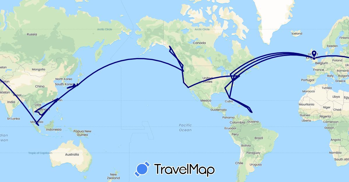 TravelMap itinerary: driving in Antigua and Barbuda, Barbados, Canada, France, United Kingdom, Japan, Cambodia, Saint Lucia, Malaysia, Singapore, Thailand, Taiwan, United States, Vietnam (Asia, Europe, North America)